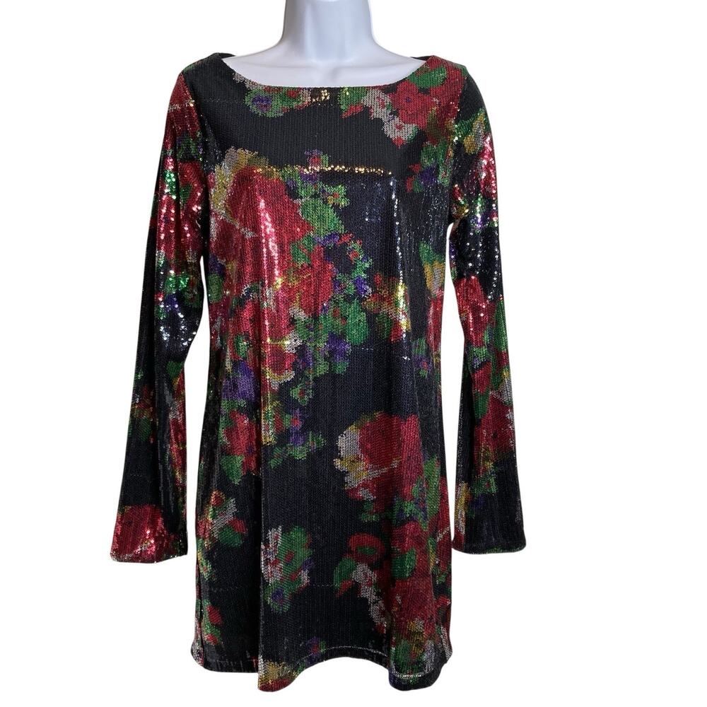 Express‎ Y2K Women's Shimmery Floral Sequin Tunic Dress Size S Going Out Disco